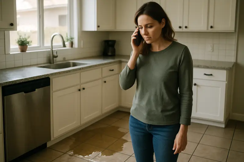 Homeowner on the phone after finding water on the kitchen floor