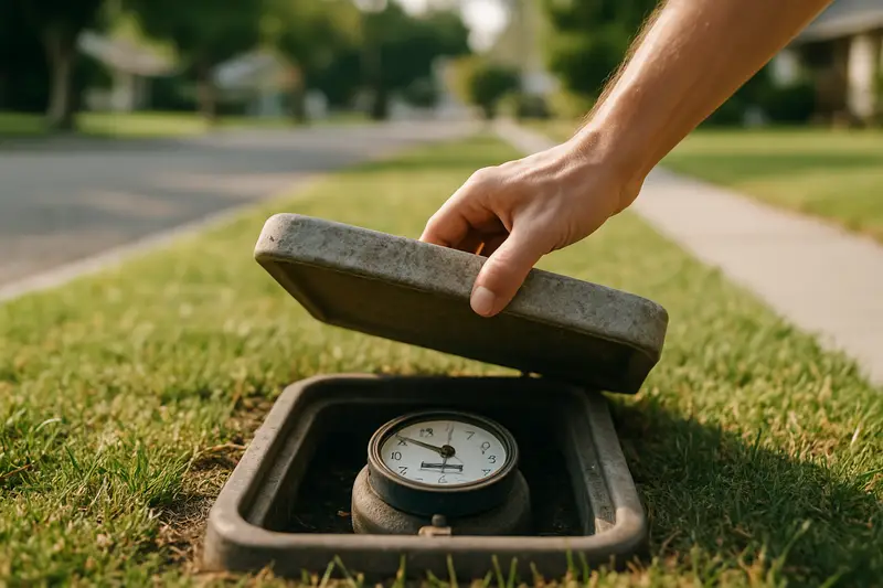 Hand lifting the lid of a water meter box in a front lawn